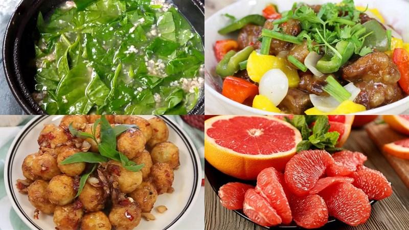 Thịt bò xào giá đỗ, canh bò viên nấu nấm, đậu hũ hấp trứng tôm, nhãn tráng miệng